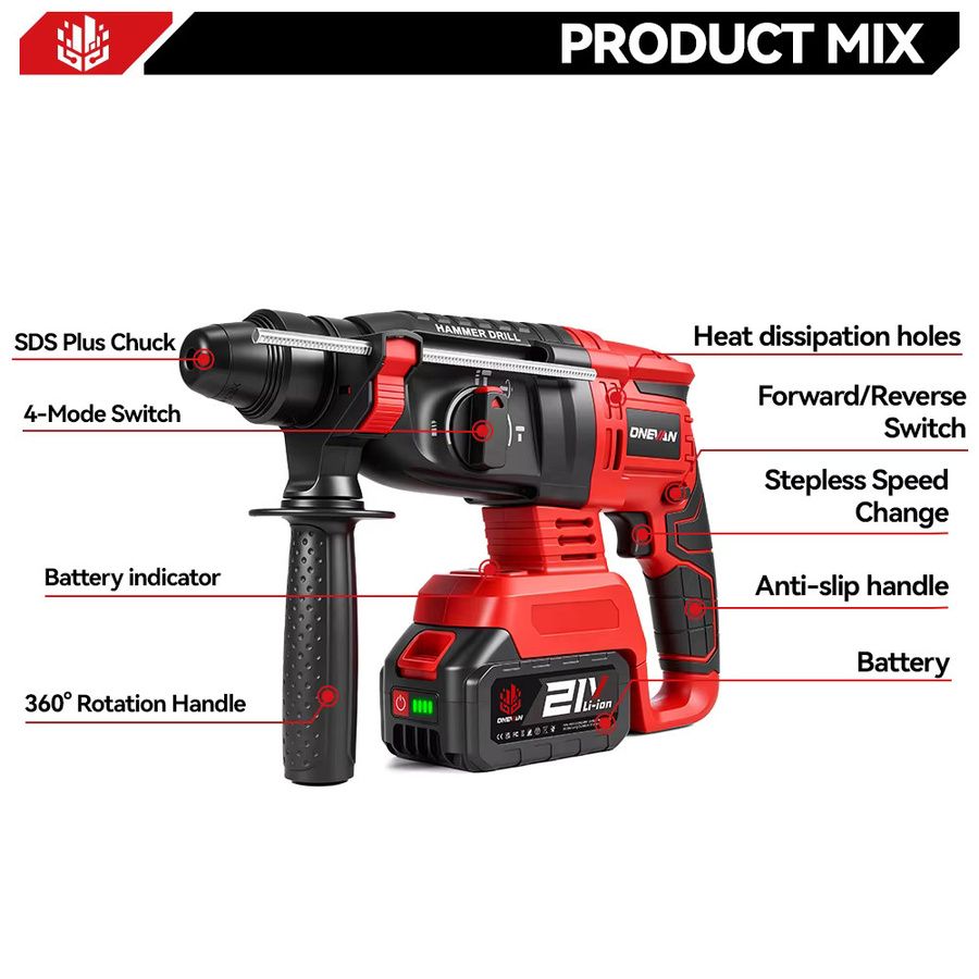 ONEVAN 3500W Bürstenloser Elektrohammer in Rot, Kabelloser Multifunktions-Schlagbohrer mit 4 Modi für Makita 18V Akku - Bild 2