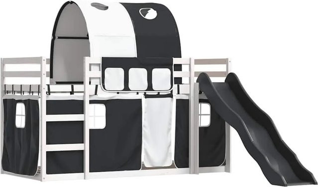 vidaXL Etagenbett für Kinder aus Kiefernholz mit Rutsche und Gardinen, Weiß und Schwarz, B/T/H: 90 x 200 cm - Bild 1