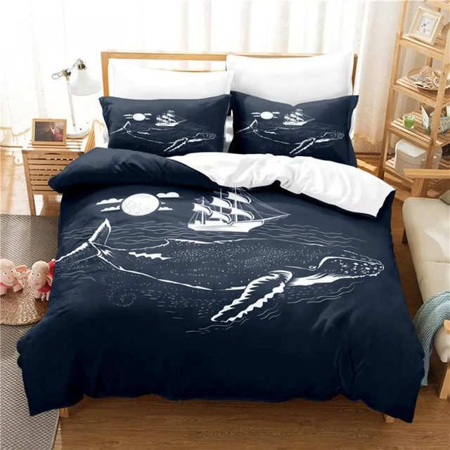 Bettwäscheset mit Cartoon Wal Motiv in Schwarz und Blau von Binchi Outdoor Product, Microfaser-Bettwäsche mit Digitaldruck, B/H: 135 x 200 cm - Bild 1