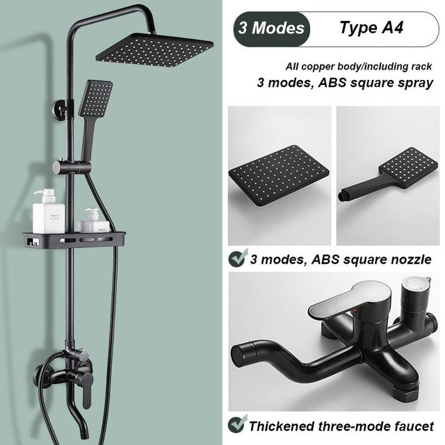 WTEMPO Duschset A4 in Matt Schwarz aus Messing mit Regendusche, Handbrause und Duschstange - Bild 1