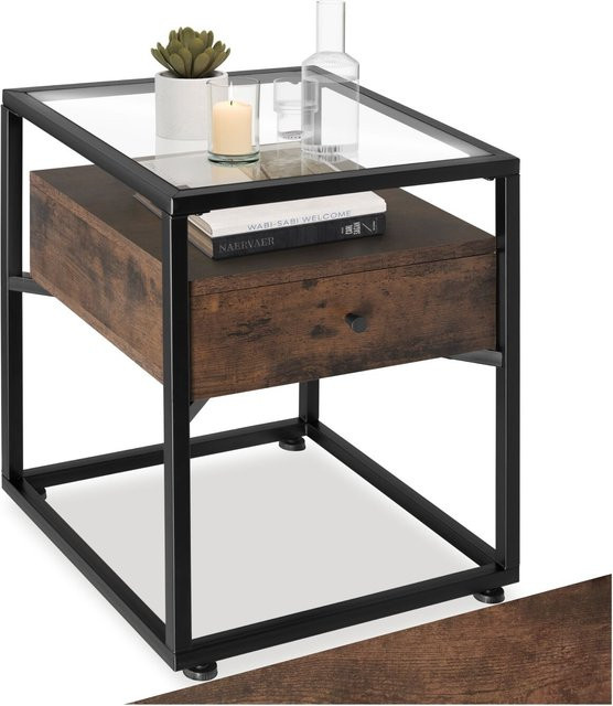 tectake Nachttisch im Industrial Style mit Glasplatte und Schublade aus Holz und Stahl in Braun und Grau, B: 43 cm, T: 45 cm, H: 54,5 cm - Bild 1