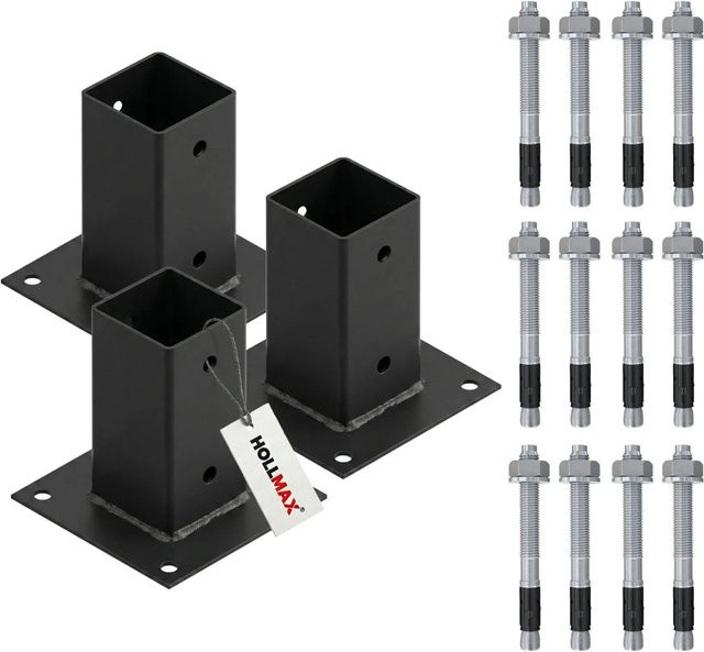 HOLLMAX Pfostenträger Set mit 3 Aufschraubhülsen 71 mm und Schwerlastankern, Pulverbeschichtet Schwarz Matt für Vierkantpfosten - Bild 1