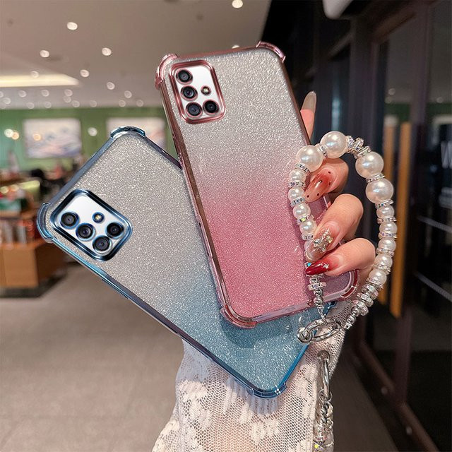Stoßfeste TPU Handyhülle mit Farbverlauf, Glitzer und Perlenkette als Handgelenkschlaufe für Samsung Galaxy A71 4G in Pink - Bild 1