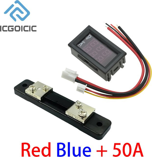 ICGOICIC Mini-Digital-Voltmeter und Amperemeter mit Shunt, DC 0–100 V, 50 A, Dual-LED-Anzeige in Rot, Blau und Schwarz - Bild 1