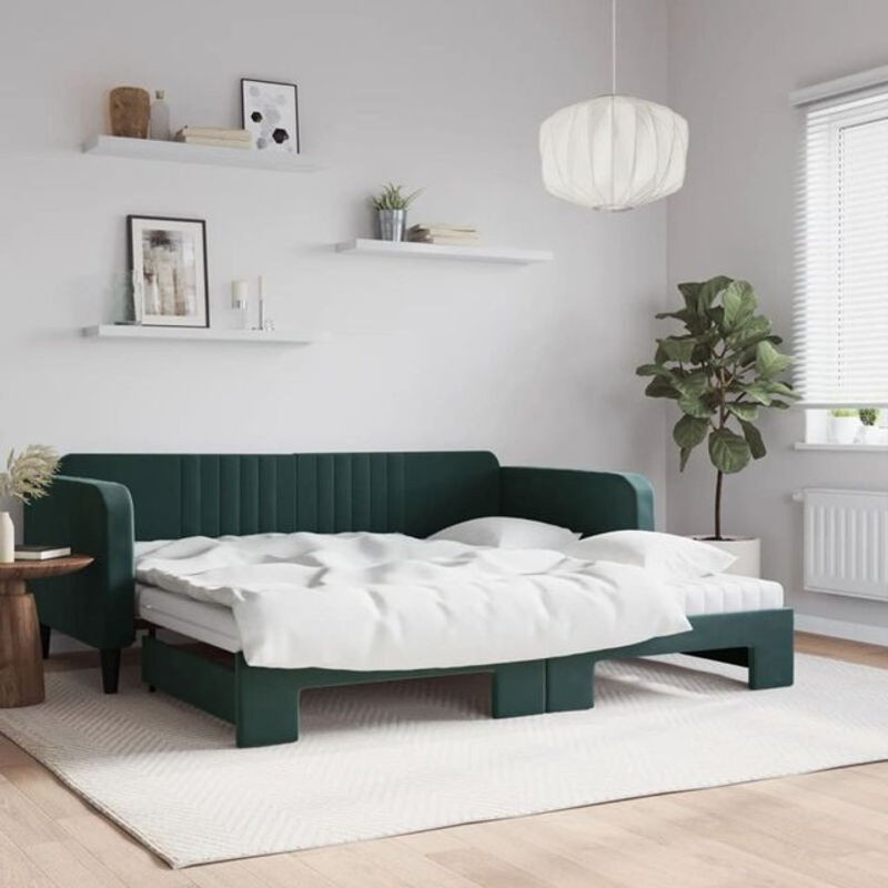 vidaxl Funktionsbett Tagesbett ausziehbar mit Matratzen in Grün aus Samt und Holz, Modernes Design, B/T: 100 x 200 cm - Bild 1