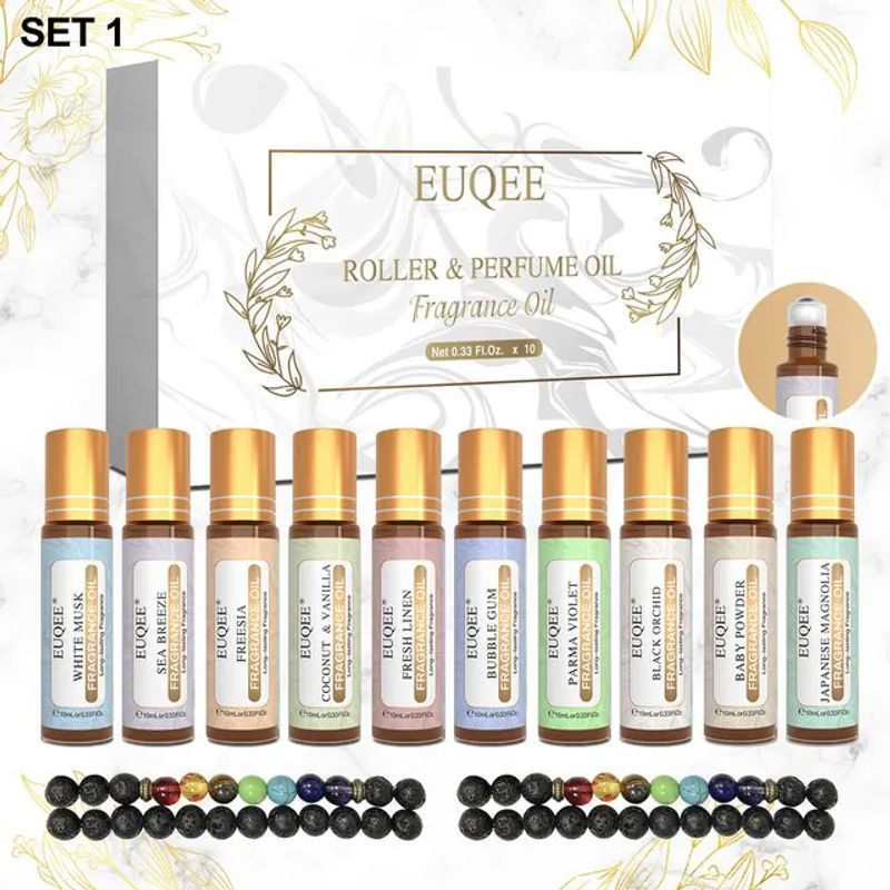 EUQEE 10-teiliges Duftöle-Set für Luftbefeuchter und Diffusor mit weißem Moschus, Kokosnuss, Vanille, Kaugummi und schwarzer Orchidee - Bild 1