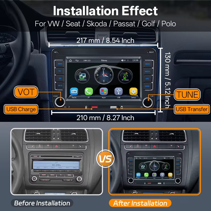 Hippcron 2DIN Multimedia MP5 Autoradio mit 7 Zoll Display, Wireless Carplay und Android Auto, Schwarz, passend für Volkswagen, Seat, Skoda, Passat, Golf und Polo - Bild 3