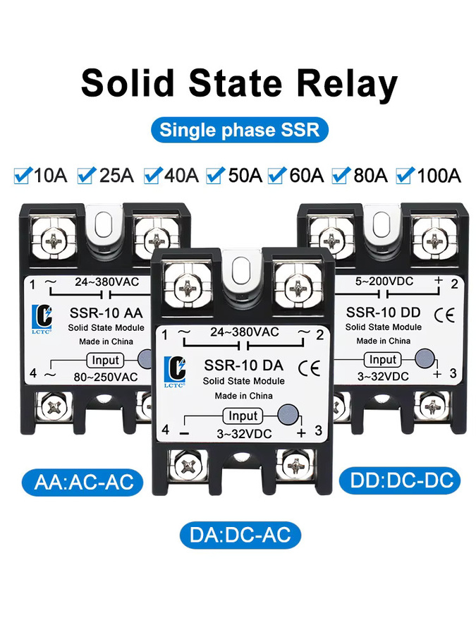LCTC 10 Stück Halbleiterrelais Set für DC zu AC, AC zu AC und DC zu DC Anwendungen, einphasige SSR mit 10A bis 100A - Bild 5