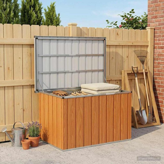 Outdoor-Aufbewahrungsbox aus verzinktem Stahl in Holzoptik von Yiwydaa, Farbe Braun, B/T/H: 109 x 67 x 65 cm - Bild 1