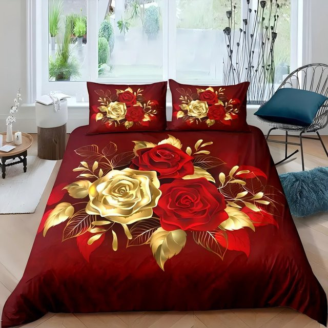 JMG Household Supplies Bettwäsche-Set mit floralem Rosenmuster in Gold, bestehend aus 1 Bettbezug und 2 Kissenbezügen, B/T/H: 135 x 200 cm - Bild 1