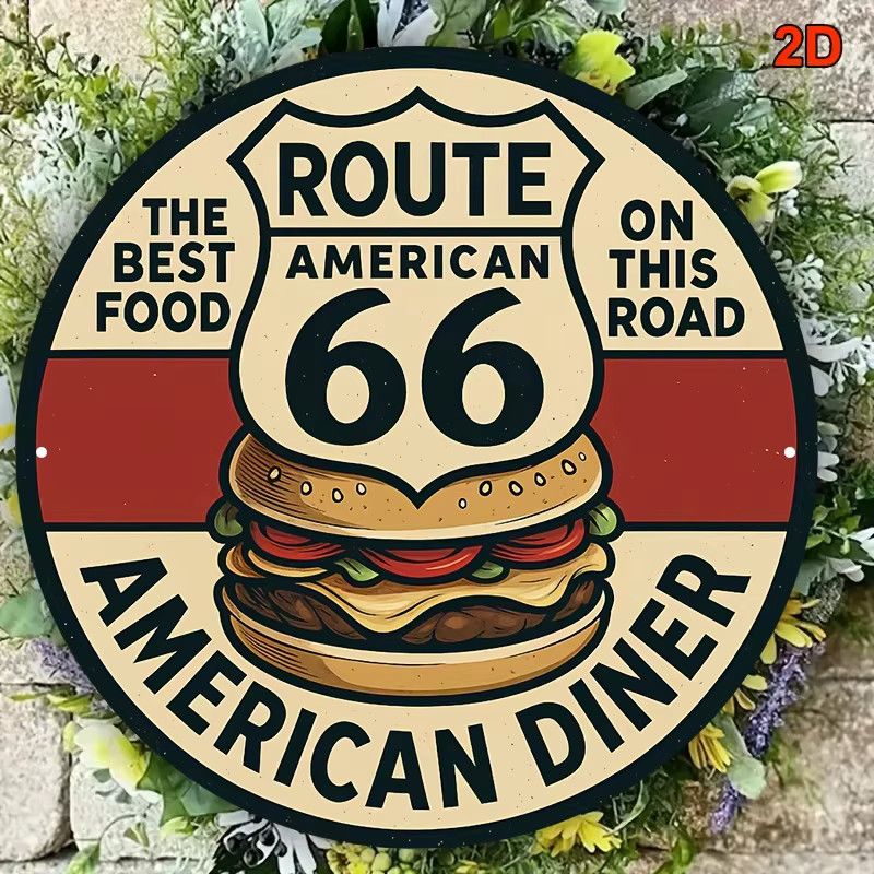 Potdemiel Vintage Route 66 Aluminiumschild mit Hamburger Design, rund, Durchmesser: 20,32 cm - Bild 4