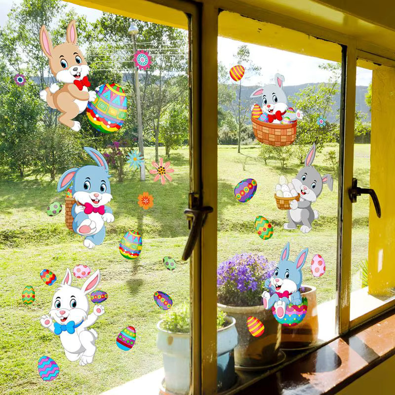 ZQNYCY 2er-Set Osterhasen-Ei-Fensteraufkleber mit Cartoon-Kaninchen für Kinderzimmer und Ostern-Dekoration, Mehrfarbig - Bild 2
