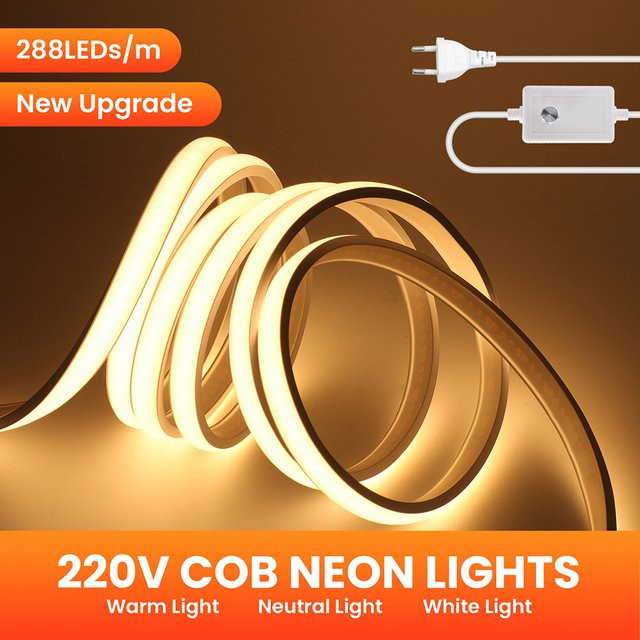 GAHADA Dimmbares COB-LED-Neonstreifenlicht in Weiß mit 288 LEDs, IP68 wasserdichtes Flexband inklusive Netzteil und Dimmerschalter, 220 V - Bild 1