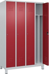 C+P Spind Classic PLUS Garderobenschrank mit 4 Abteilen, Farbe Grau/Rot, B/T/H: 120 x 50 x 195 cm, mit Zylinderschloss, 4 Garderobenhaken und mittiger Trennwand - Bild 1