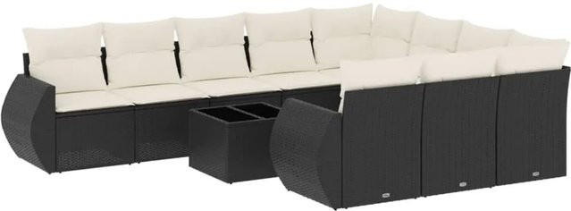 vidaXL 11-tlg. Garten-Sofagarnitur in L-Form mit Kissen und Couchtisch, Schwarz, Poly-Rattan mit Metallgestell - Bild 1