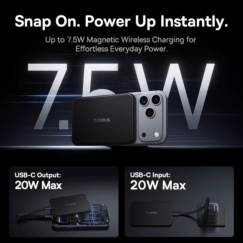 Baseus Magnetische Powerbank 5000mAh in Schwarz mit 22.5W USB-C und 15W kabellosem Laden sowie NFC-Überwachung - Bild 3