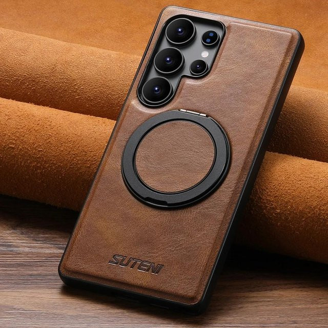 Magnetische Lederhülle für Samsung Galaxy S25 Ultra, S24, S23, S22 mit faltbarem Ringständer in Braun, kompatibel mit kabellosem Laden - Bild 1