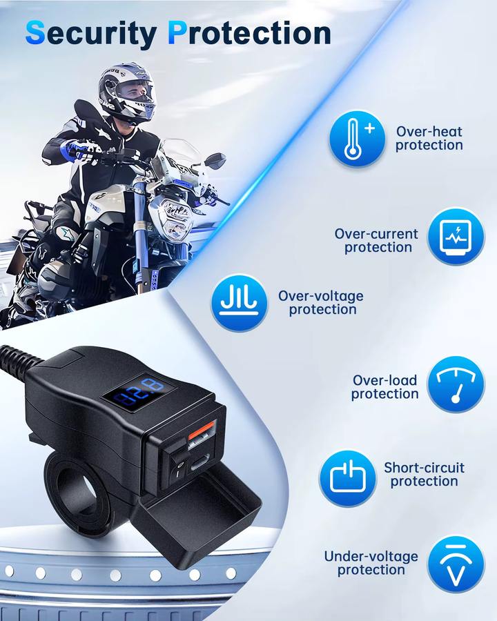 Extractme Motorrad-Ladegerät in Schwarz mit Dual-USB, QC3.0 Schnellladegerät, Steckdose mit Schalter und wasserdichtem digitalem Voltmeter - Bild 4