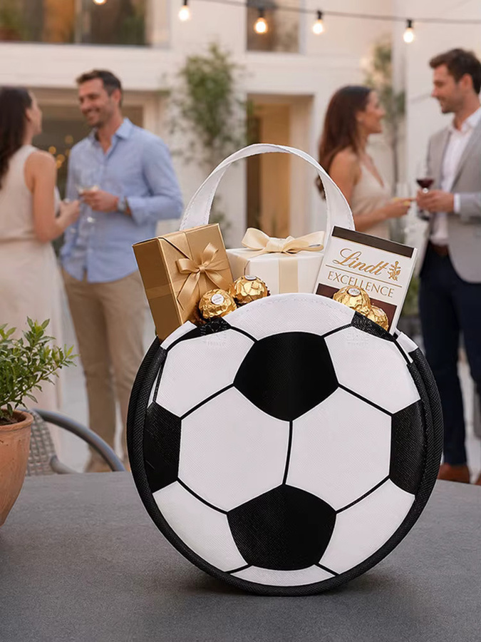 Runde Geschenktüten aus Vliesstoff mit Fußball-Motiv in Weiß für Geburtstagsfeiern und Partys, 6 oder 12 Stück - Bild 6