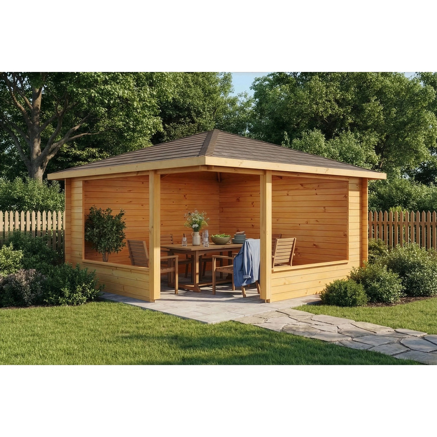 Alpholz 5-Eck Gartenlaube Maik-40 in Braun, imprägniertes Holz mit Spitzdach, B/T: 425 x 425 cm, Höhe: 215 cm - Bild 2