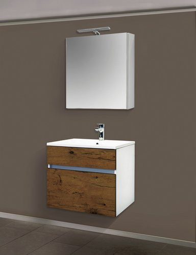 Sanotechnik Badmöbel-Set Stella 3-teilig in Eiche antik und Weiß mit Waschbecken aus Mineralguss und Spiegelschrank, Breite: 60 cm - Bild 1