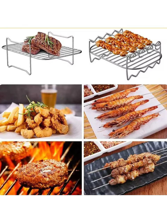 FEB.WIND Edelstahl Air Fryer Backrost Set, Stapelbares Grill Mesh Pan und Mehrzweck Spieß Rack Zubehör für Heißluftfritteusen, Silber - Bild 6