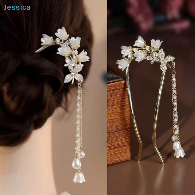 Jessica Haarspange mit Blumenmuster, Kristall- und Perlenquaste - Bild 1