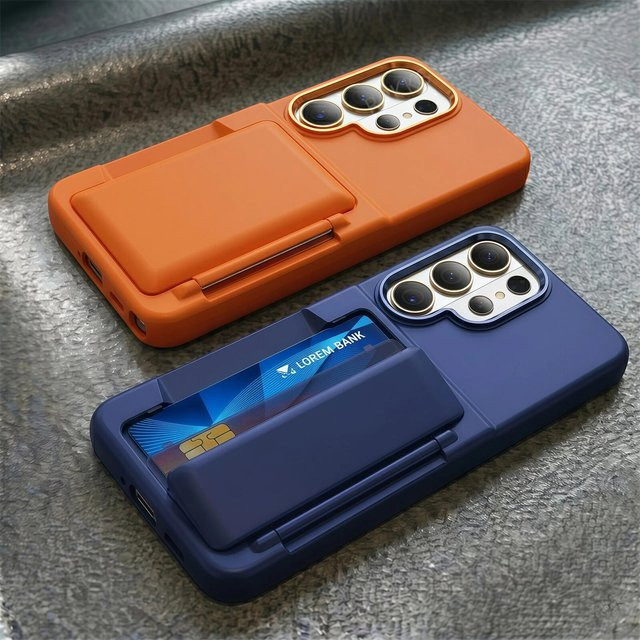 Stoßfeste Panzer-Handyhülle mit klappbarem Kartenfach und Halterung für Samsung Galaxy S26 S25 S24 Plus S23 S22 Ultra in Orange - Bild 1