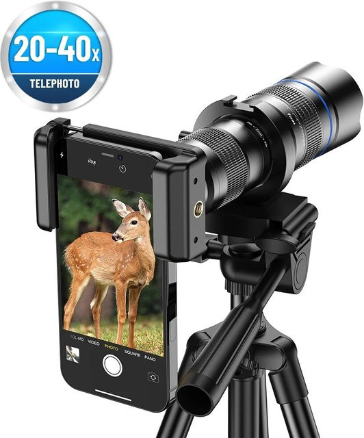 Apexel Teleobjektiv für Smartphones mit 20-40x Zoom und ausziehbarem Stativ, Schwarz - Bild 1