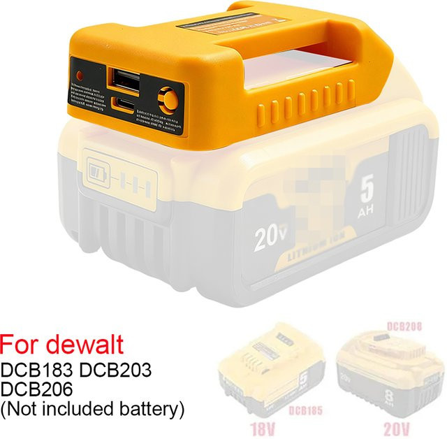 Verbessertes Powerbank-Ladegerät für DeWalt 18 V Lithium-Akkus mit USB-C Anschluss für Laptops und Smartphones, Gelb (ohne Akku) - Bild 1