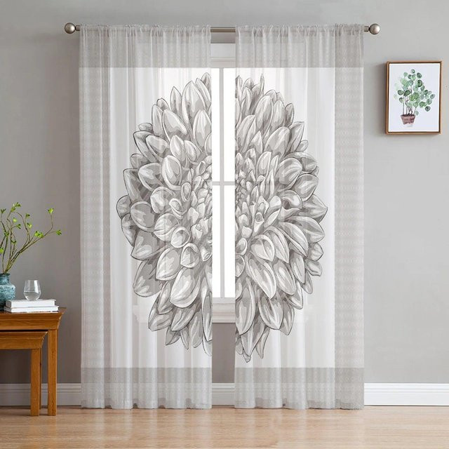 Transparenter Tüllvorhang von A Family Of Home Textiles mit floralem Dahlie-Muster in Hellrosa, Grau und Weiß, Breite: 135 cm, Höhe: 160 cm - Bild 1