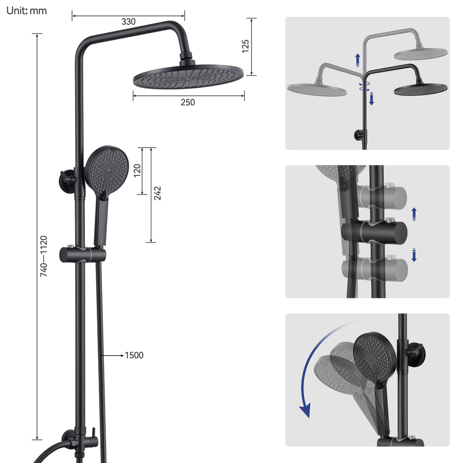 CECIPA max Verstellbare Duschsäule zur Wandmontage mit 25 cm Duschkopf und 4 Handbrausen in Matt Schwarz - Bild 2