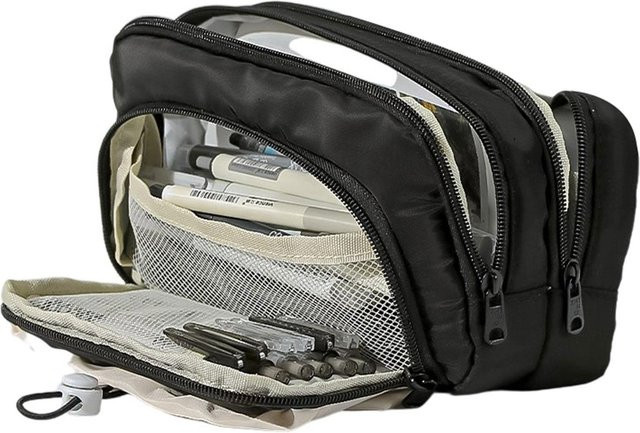 Mehrschichtiges Federmäppchen aus Polyester und Canvas in Schwarz als Organizer für Stifte, Marker oder Make-up für Schule, Büro und Reisen - Bild 1