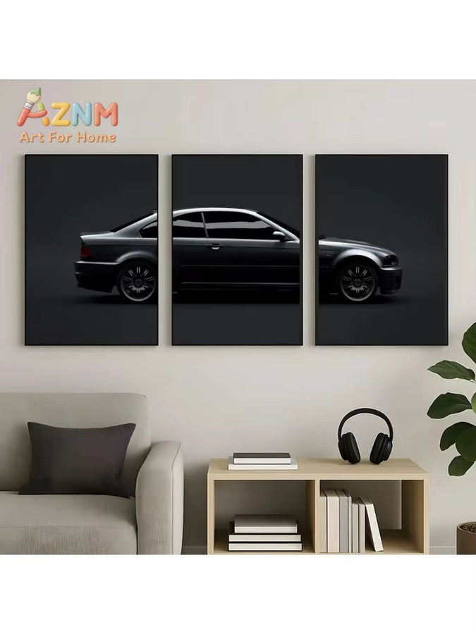 AZNM BMW E46 M3 Triptych Wandkunstdruck als ungerahmtes Leinwandposter mit minimalistischer dunkler Silhouette in Schwarz - Bild 4