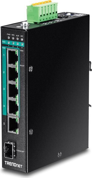 Trendnet TI-PG541I Industrial Ethernet Switch, verwaltet, 4 x 10/100/1000 PoE+, 1 x 10/100/1000, 1 x Gigabit SFP, Schwarz, DIN-Schiene Montage - Bild 1