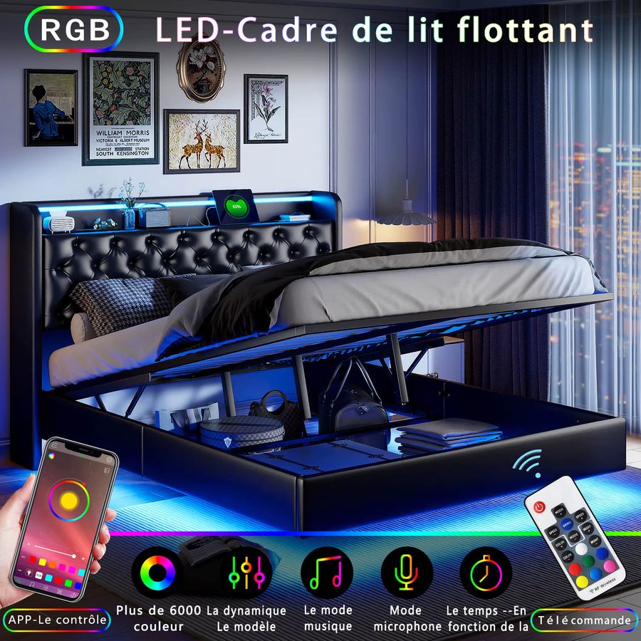 Modernes schwebendes Bett aus schwarzem Leder mit RGB LED, hydraulischem Stauraum und USB-Anschluss am Kopfteil, B/T/H: 140 x 200 x 0 cm - Bild 2