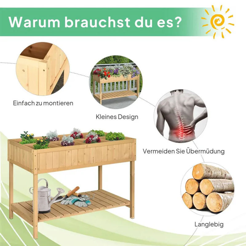 Outsunny Pflanztisch Hochbeet aus Massivholz Tanne in Naturholz mit 8 Fächern und Ablage, B/T/H: 110 x 46 x 76 cm - Bild 6