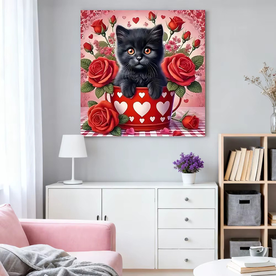 HUACAN Diamond Painting Set Katze und Blumen mit Tasse, 5D DIY Diamant Mosaik in Multicolour, Vollbohrer mit runden Steinen - Bild 3