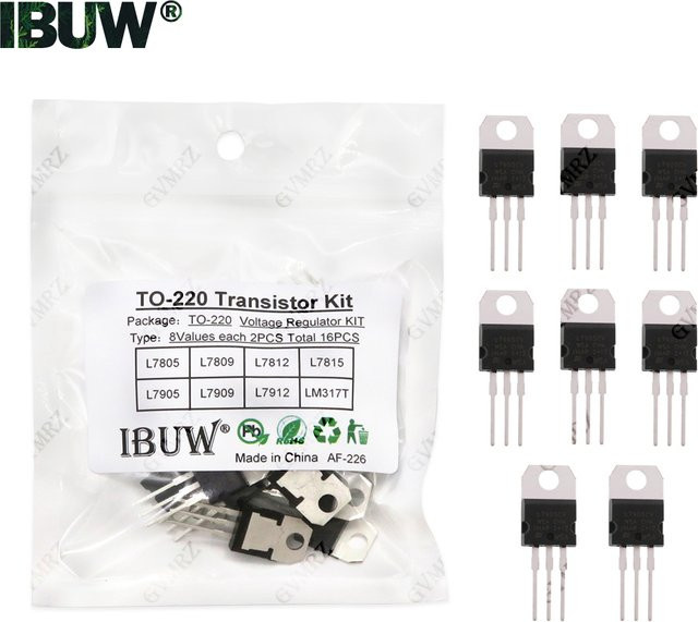 16er Set TO-220 Transistor Kit mit 8 Werten wie L7805, L7812 und LM317T Spannungsregler für industrielle Stromversorgung und DIY-Projekte in Schwarz - Bild 1