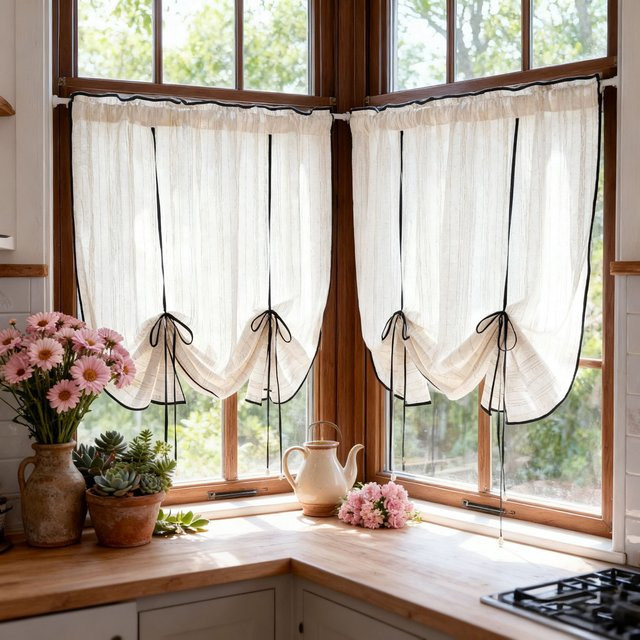 Tiyana Halbroman Vorhang im französischen Landhausstil mit schwarzem Kordelzug, transparentes Textil für Küche und Wohnzimmer, Weiß - Bild 1