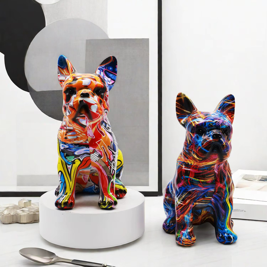 DEANSEN Französische Bulldogge Statue in Graffiti-Optik, bunte Hundefigur aus Harz für dein Home Office oder Desktop, Nordic Design - Bild 2