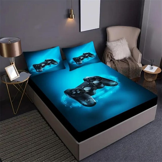 2-teiliges Spannbettlaken-Set mit Gamepad-Print inklusive Kissenbezügen, weiches Bettwäsche-Set für Matratzen, H x B x T: 25 x 90 x 190 cm - Bild 1