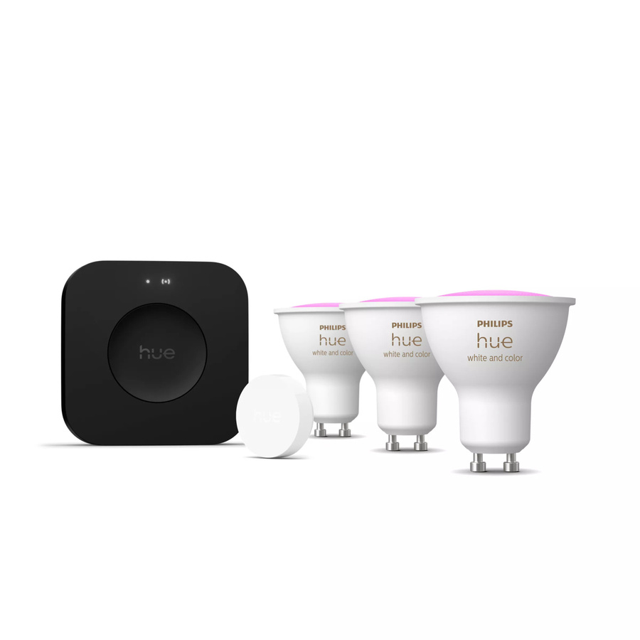 Philips Hue White & Color Ambiance Starter-Set mit 3 GU10 LED-Lampen, Smart Button und Hue Bridge Pro - Bild 1