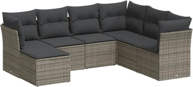 vidaXL 7-tlg Garten-Sofagarnitur in L-Form aus Poly Rattan mit Kissen und Ottoman, Grau - Bild 1