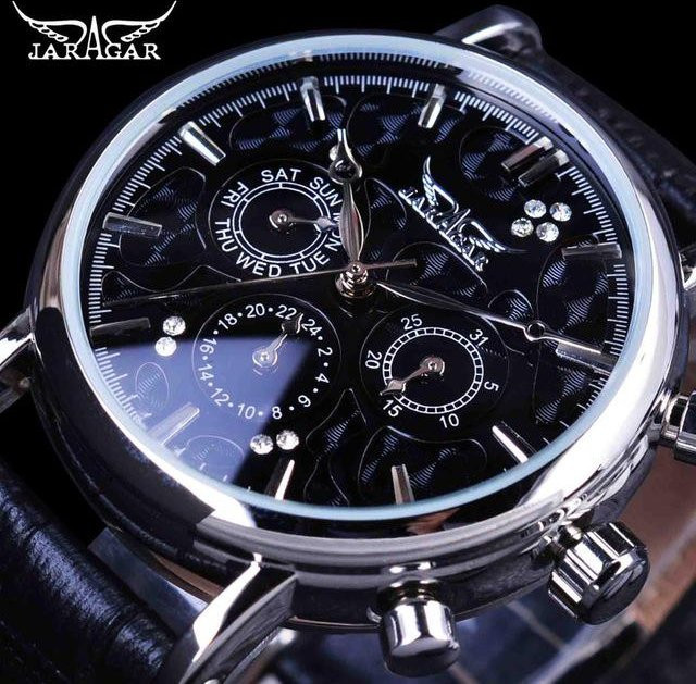 Jaragar Armbanduhr Automatik, Edelstahl, 39 mm, Leder, Herren, Schwarz - Bild 1