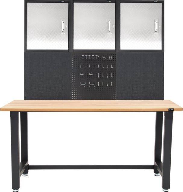 RIKTA ProLine Werkbank Set Compact 5-tlg in Grau aus Stahl und Edelstahl mit Buche-Elementen und Diamantmuster - Bild 1