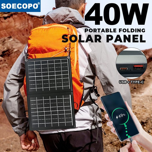 SOECOPO Faltbares Solarpanel 40 W für Outdoor-Aktivitäten mit Powerbank, USB und Typ-C, Schwarz - Bild 1