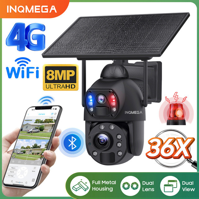 Inqmega Solar Überwachungskamera mit 8MP 4K Auflösung, 4G SIM und WLAN, Dual Lens mit 36x optischem und digitalem Zoom, Human Tracking, Schwarz - Bild 1