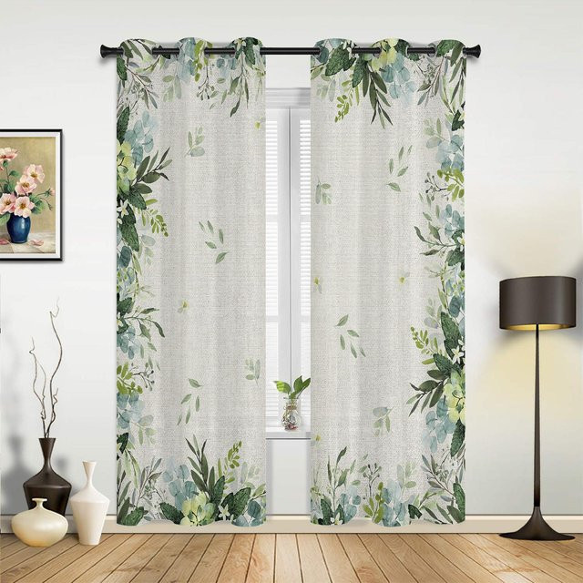 Binchi Outdoor Equipment Vorhang mit Aquarell Eukalyptusblättern im Vintage-Design, halbtransparent, Mehrfarbig, Breite: 135 cm, Höhe: 60 cm - Bild 1