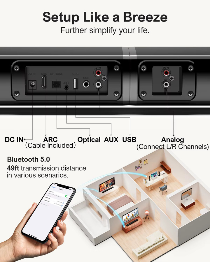 ULTIMEA Apollo S40 Serie 2,2-Kanal TV-Soundbar mit 100 W, abnehmbare 2-in-1 Bluetooth-Soundbar in Schwarz mit einstellbarem Bass und 3 EQ-Modi - Bild 6